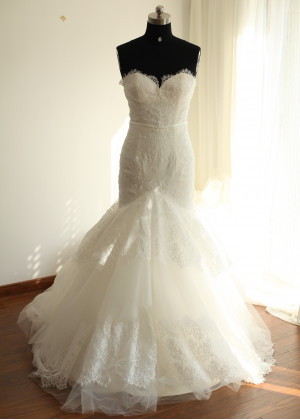 Strapless Eyelash Lace Mermaid Long Wedding Dress